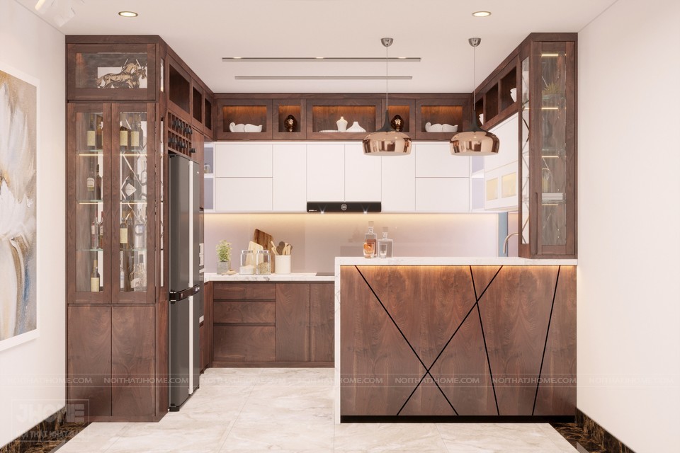 Mẫu tủ bếp kết hợp quầy bar