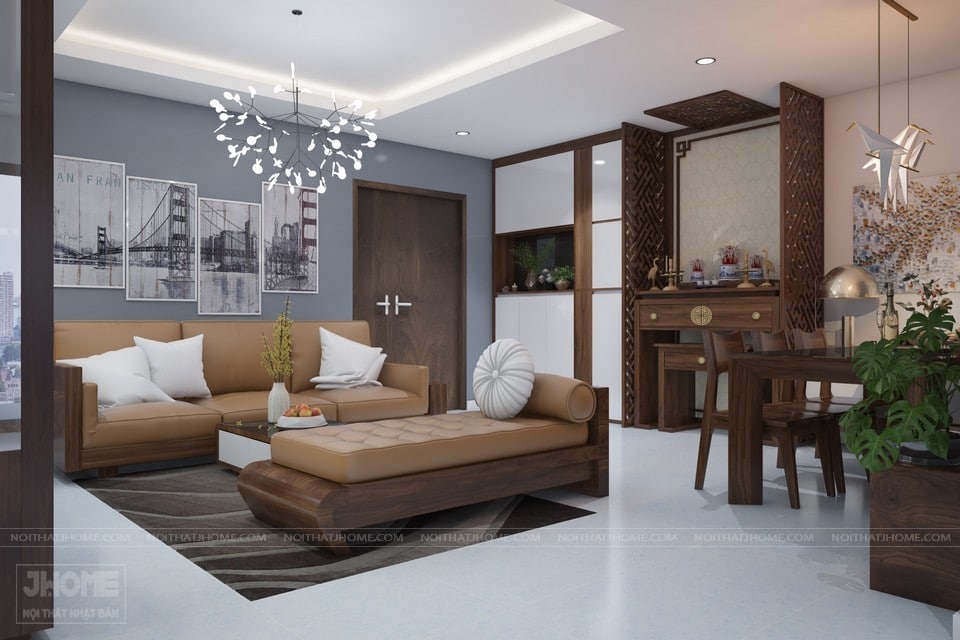 Nội thất phòng khách Nhật Bản với thảm màu tối