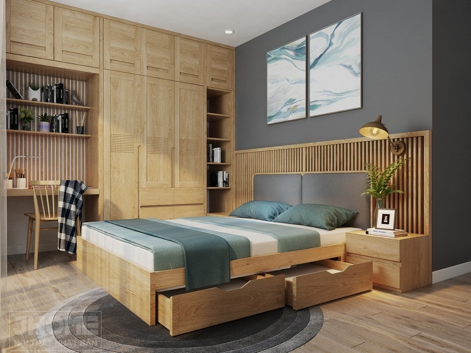 Phòng ngủ gỗ tự nhiên với giường ngủ có ngăn chứa đồ tiện lợi