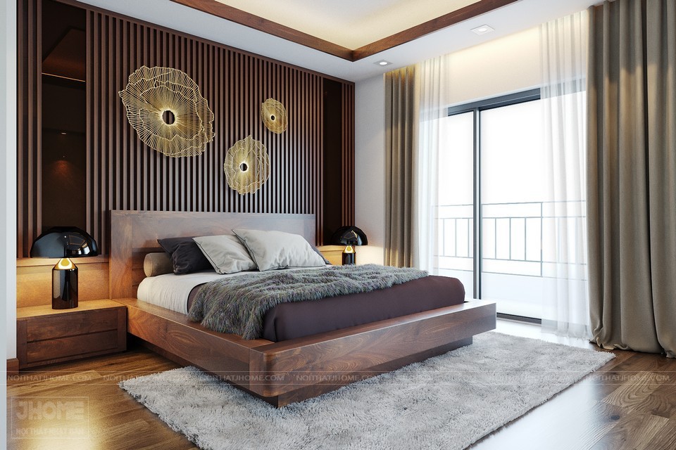 mẫu giường gỗ óc chó tại chung cư Ciputra